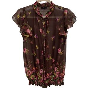 Sheer Floral Blouse Womens Sz S Ruffle Tie Neck Open Front Dark Fairy Whimsygoth